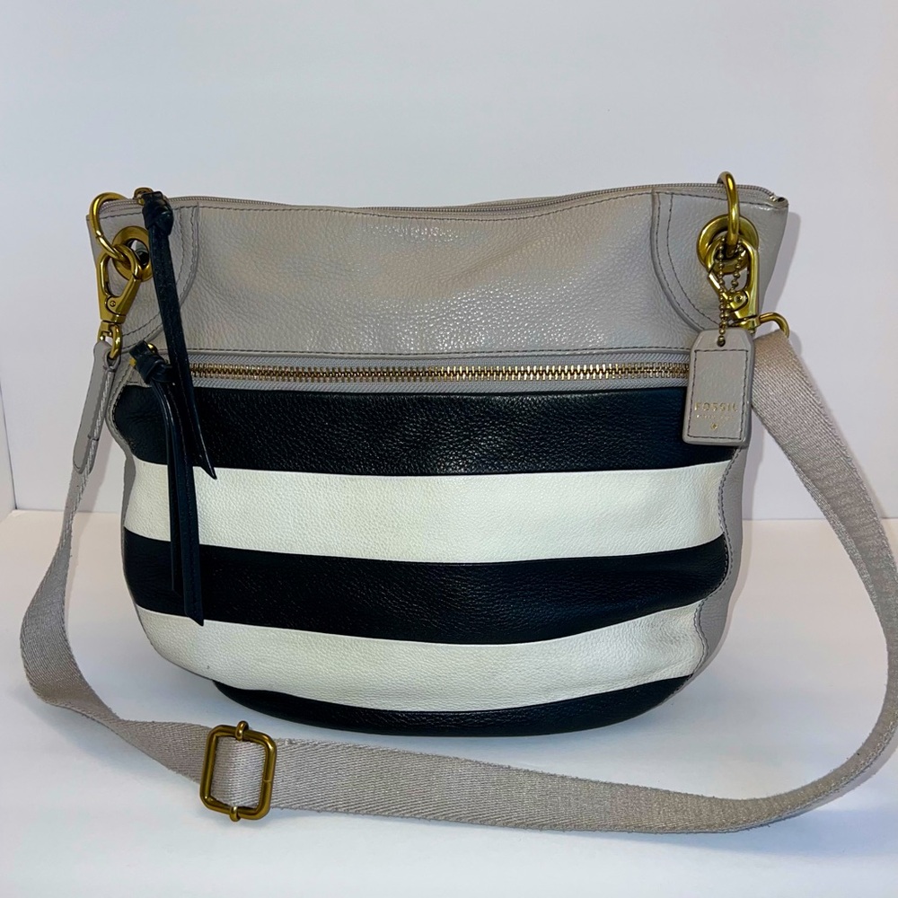 Fossil Large Karli Black & White Striped Leather Crossbody Bag